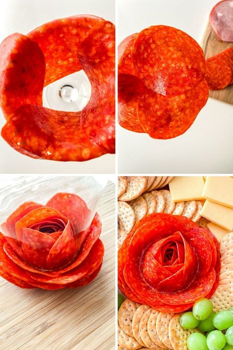 Serve up this meat and cheese charcuterie board. I also share how to make meat roses as a gorgeous presentation value. A tasty appetizer. Learn how to make a salami rose, pepperoni or ham. Give this easy charcuterie recipe a try. #charcuterie #salami #appetizer #snack #recipe #partyfood #meatrose #pepperonirose #hamrose #best #howtomake How To Make A Rose Out Of Pepperoni, Charcuterie Board Pepperoni Rose, Charcuterie Pepperoni Rose, Pepperoni Roses Easy Recipes, Peperoni Rose Charcuterie, Flower Meat And Cheese Tray, How To Make A Charcuterie Rose, Pepperoni Rose How To, Pepperoni Roses Charcuterie