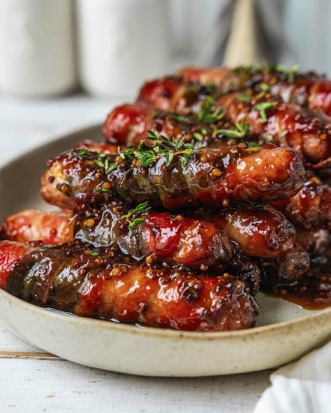 Irresistibly Sticky Pigs in Blankets: A Christmas Party Treat | Culinary Cartel Crispy Roasted Potatoes, Christmas Party Treats, Pigs In Blankets, Maple Mustard, Sage Sausage, Slow Cooked Lamb, Slow Cooked, Roasted Potatoes, Appetizers For Party