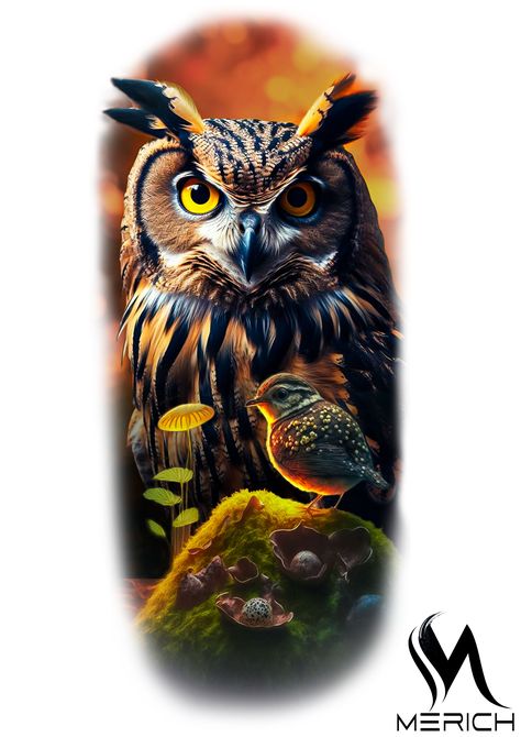 Colored Owl Tattoo, Owl Tattoo Color, Realistic Bird Tattoo, Bushido Tattoo, Bird Tattoo Design, Realistic Owl Tattoo, Ancient Art Tattoo, Colored Tattoo Design, Egyptian Tattoo Sleeve