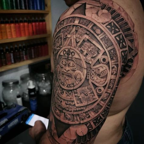 Aztec tattoo by Feoden Jimenez #FeodenJimenez #Aztectattoo #Aztectattoos #Aztec #Mexican #Mesoamerica #PreColombian #ancientculture | Aug 8th 2019 | 1128408 Aztec Calendar Tattoo, Calendar Tattoo, Aztec Sleeve, Mayan Tattoos, Aztec Tattoos, Mexican Tattoo, Inca Tattoo, Aztec Tattoo Designs, Aztec Tattoo