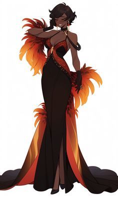 Fire Dress Art, Female Oc Inspiration, Vilitigo Character Design, Hypnotist Character Design, 1950s Character Design, Female Outfit Ideas Drawing, Black Character Design Female, Phoenix Oc, Dress Concept Art