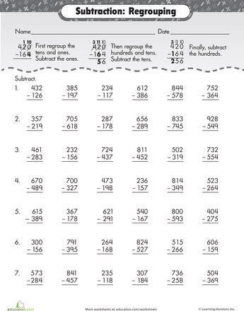 Worksheets: Extra Practice: 3-Digit Subtraction with Regrouping 2nd Grade 3 Digit Subtraction With Regrouping, Three Digit Subtraction With Regrouping, Subtraction With Regrouping Worksheets, Subtraction With Regrouping, Math Subtraction, Subtraction Practice, Subtraction Worksheets, Math Tutor, Second Grade Math