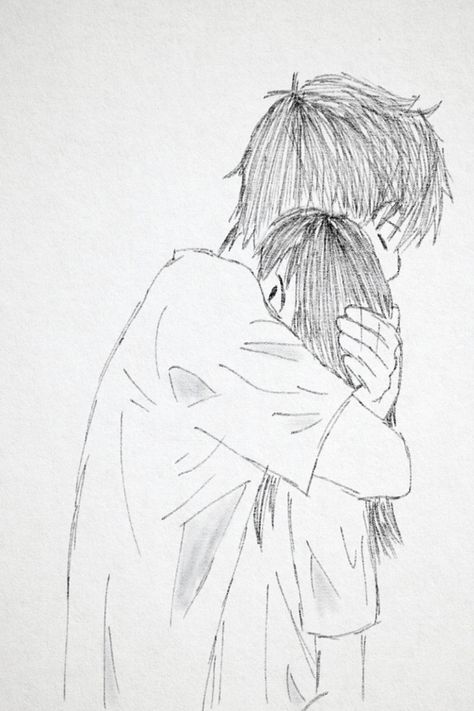 A drawing of two people hugging each other. This shows true love at its greatest. Drawing Of Two People, Two People Hugging, Hugging Drawing, People Hugging, Back Drawing, Couple Sketch, Drawing Tutorial Face, Drawing Hair, Pencil Art Drawings