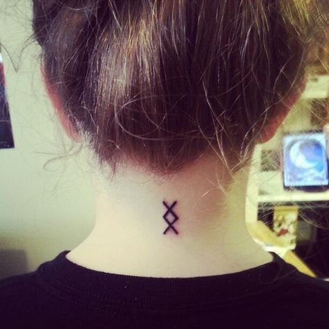 Viking rune, Inguz, meaning new beginnings. New life or a new phase of one's life. Reborn Tattoo Symbols, Rune Neck Tattoo, Rune Tattoo Placement, Algiz Tattoo Runes, Inguz Rune Tattoo, Laguz Rune Tattoo, Reborn Tattoo, Friendship Symbol Tattoos, New Beginning Tattoo