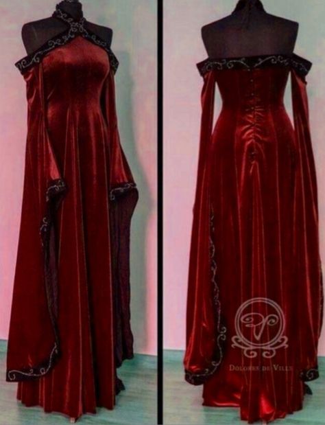 Dark Red Wedding Dress Goth, Black And Red Fantasy Dress Queens, Vampire Core Dress, Dark Red Vampire Dress, Dark Red Victorian Dress, Red Historical Dress, Red Dress Aesthetic Medieval, Black And Red Medieval Dress, Dark Red Fantasy Dress