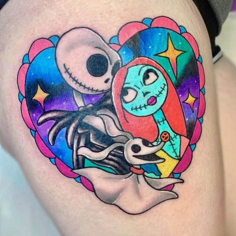 ✩Kassidy Autumn✩ on Instagram: "Jack and Sally piece from last week! #tattoo#nightmarebeforechristmas#nightmarebeforechristmastattoo#jackskellington#jackandsally#jackandsallytattoo#colortattoo#thightattoo#halloween#cincinnati" Jack And Sally Tattoo Ideas, Sally Tattoo Ideas, Jack And Sally Tattoo, Disney Characters Tattoos, Sally Tattoo, Jack Skellington Tattoo, Tim Burton Tattoo, Hipster Tattoo, Nightmare Before Christmas Tattoo