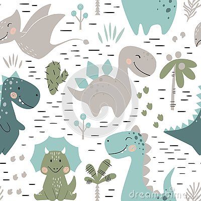 Dinosaur Baby Boy Seamless Pattern. Sweet Dino With Palm And Cactus Stock Vector - Illustration of dino, cover: 126369836 Dinosaur Nursery Theme, Dinosaur Crib Bedding, Dinosaur Mural, Dinosaur Nursery Decor, Kindergarten Wallpaper, Girl Crib Bedding Sets, Large Wall Murals, Room Accent Wall, Softshell Fabric