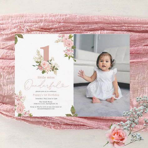 $3.08 | Pink Floral Little Miss Onederful 1st Birthday - girl, 1st birthday invitations, little miss onederful, floral, pink, baby girl, onederful, summer, spring, photo Little Miss Onederful, Miss Onederful, Summer Birthday Invitations, Floral Birthday Invitations, Girl 1st Birthday, Spring Birthday, 1st Birthday Invitation, Pink Baby Girl, Summer Birthday