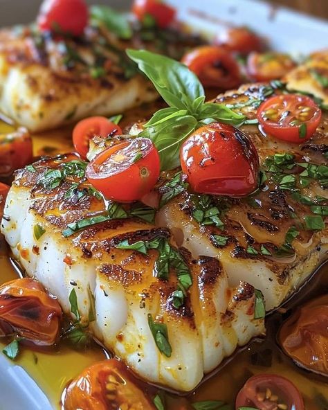 Bobby Flay🍤🍜 | Pan-Seared Mediterranean Cod in Tomato Basil Sauce | Facebook Mediterranean Cod, Octopus Recipes, Seafood Dish Recipes, Fish Recipes Baked, Smoked Food, Tomato Basil Sauce, Basil Sauce, Cod Recipes, Summer Menu