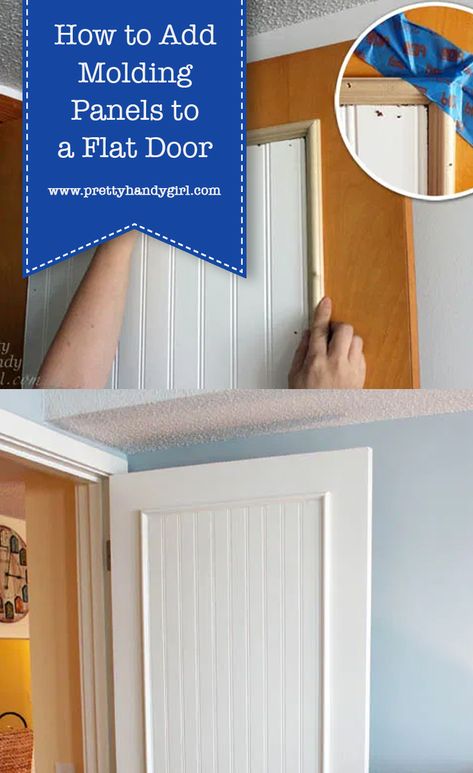 How to Add Molding Panels to a Flat Door | Pretty Handy Girl Hollow Door Makeover, Interior Doors Diy, Hollow Core Door Makeover, Interior Door Makeover, Door Molding Kit, 6 Panel Interior Doors, Farmhouse Interior Doors, Hollow Core Door, Flat Doors