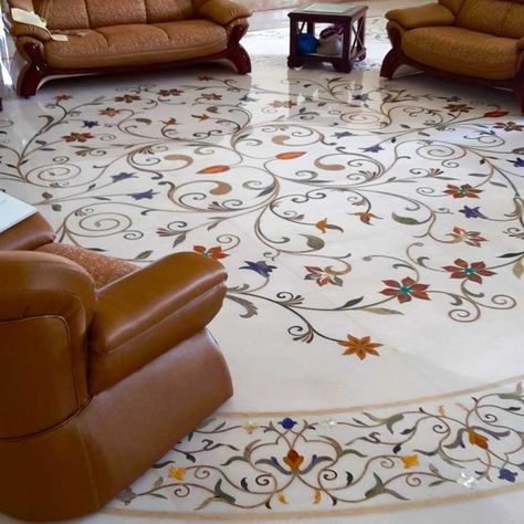 Marble Inlay Floor Patterns, Stone Carving Wall, Wall Inlay, Mosaic Marble Floor, Indian Bungalow, Mother Of Pearl Table, Marble Inlay Designs, Hall Room Design, Marble Inlay Floor