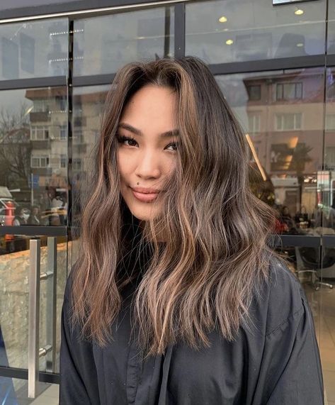 Hair Coloring For Asian Hair, Dark Brunette With Cool Tone Highlights, Subtle Brown Money Piece, Asian Brown Hair Highlights, Full Highlights Asian Hair, Short Brown Hair With Caramel Balayage, Dimensional Asian Hair, Filipino Hair Highlights, Medium Brown Hair With Face Frame