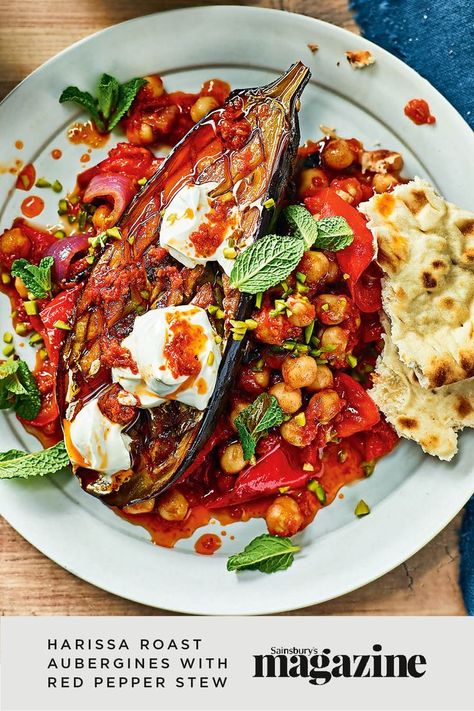 This aubergine and chickpea stew is a great Middle Eastern-inspired vegetarian recipe for an easy weekend lunch or supper. Get the Sainsbury's magazine recipe Red Pepper Recipes, Sainsburys Recipes, Aubergine Recipe, Easy Vegetarian Lunch, Eggplant Dishes, Chickpea Stew, Healthy Supper, Vegetarian Lunch, Stew Recipe