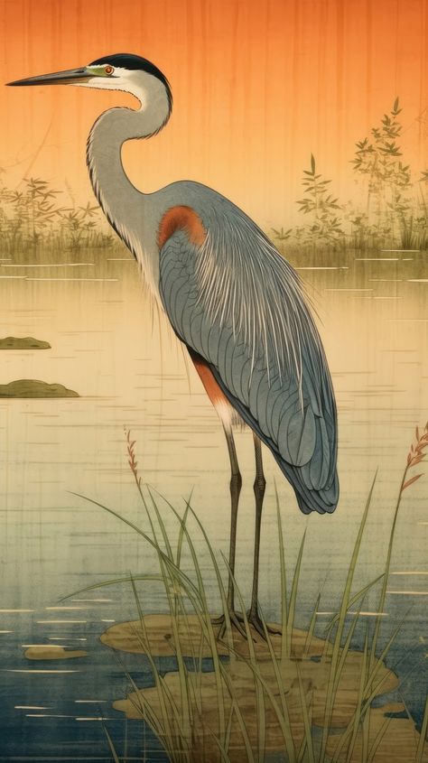 Traditional japanese stunning heron painting | Premium Photo Illustration - rawpixel Heron Wallpaper, Heron Painting, Sketch Tips, Lake Animals, Heron Art, Wallpaper Texture, Paper Plants, Marco Island, Wood Bird