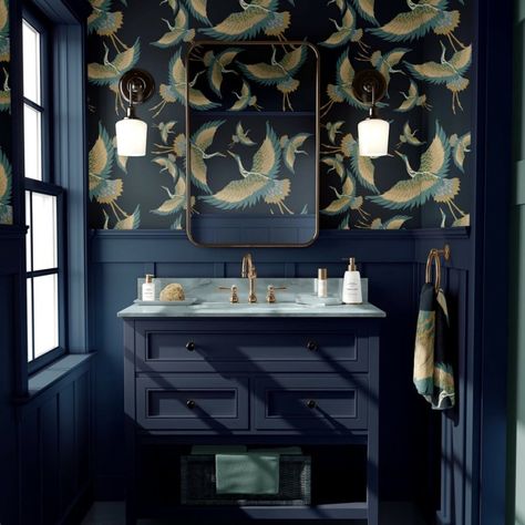 Navy And Gold Bathroom, Navy Bathroom Ideas, Deco Bathroom Ideas, Art Deco Bathroom Ideas, Claw Tubs, Navy Bathroom, Art Deco Elements, Art Deco Bathroom, Floor Sitting