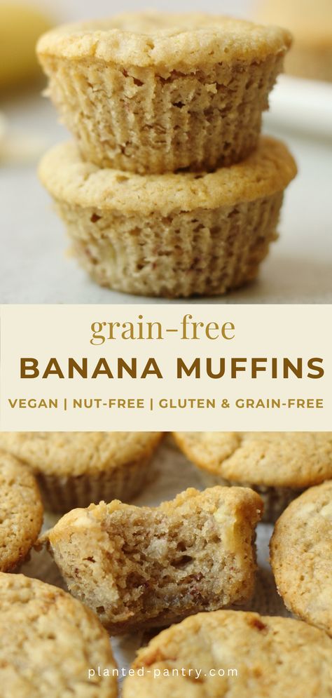 These easy Grain Free Banana Bread Muffins are made with cassava flour and other basic pantry ingredients. They're gluten-free, vegan, and nut-free, making them an excellent allergy-friendly option. Cassava Flour Cookies, Nut Free Breakfast, Cranberry Treats, Vegan Banana Bread Easy, Vegan Banana Muffins, Vegan Banana Bread Recipe, Banana Walnut Bread, Flours Banana Bread, Muffins Vegan