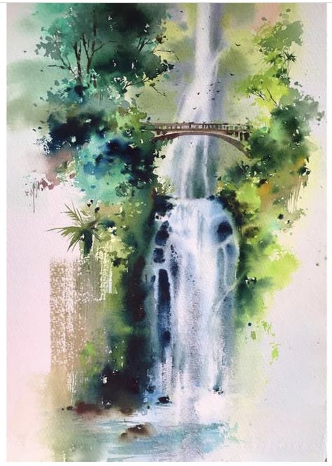 Minimal Tattoo Designs, Minimal Tattoo Ideas, Watercolor Scenery, Drawing Scenery, Tree Watercolor Painting, Abstract Tree Painting, Watercolor Art Landscape, Waterfall Paintings, Watercolor Paintings Nature