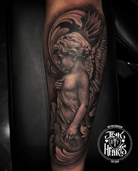 Falling Angel Tattoo For Men, Angel Shoulder Tattoo Men, Baby Angel Tattoo For Men, Love Conquers All Tattoo, Black Angel Tattoo, Cherubim Angels Tattoo, Cherub Angel Tattoo, Hearts Tattoos, Candle Tattoo Design