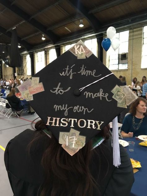 History graduation cap! Best Graduation Caps, Journalism Cap Decoration, History Graduation Cap Ideas, Sociology Major Graduation Cap, Journalism Graduation Cap, History Major Graduation Cap, History Graduation Cap, Graduation Cap Designs History, College Cap Decorations