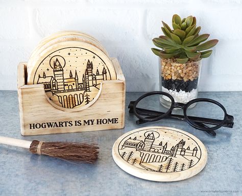 Hogwarts Wood Burned Coasters | artsy-fartsy mama Hogwarts Art Castle, Wood Burned Coasters, Harry Potter Land, Craft Ideas To Sell, Fun Diy Craft Projects, Diy Stencils, Glow Forge, How To Make Stencils, Wood Burning Ideas