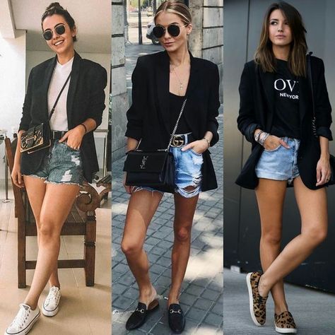 Blue Denim Shorts Outfit, Black Blazer Outfit, Denim Shorts Outfit, Blazer Outfits For Women, Blazer Outfit, Belted Blazer, Blazer And Shorts, Blue Denim Shorts, Blazer Outfits