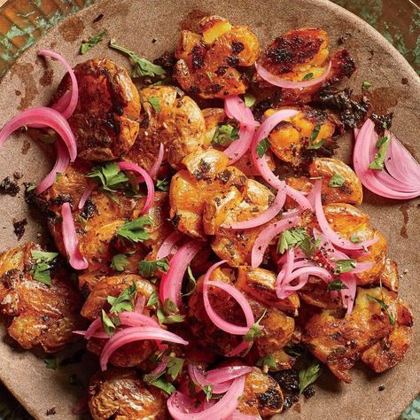 Cooking Light on Instagram: “These crispy smashed potatoes get jazzed up with chermoula and pickled onions for a stunning side dish. Tap the link in our profile, then…” Recipes With Pickled Onions, Shawarma Marinade, Lighter Meals, Perfect Potatoes, Shawarma Seasoning, Red Onion Recipes, Shawarma Spices, Quick Pickled Red Onions, Pickled Onion