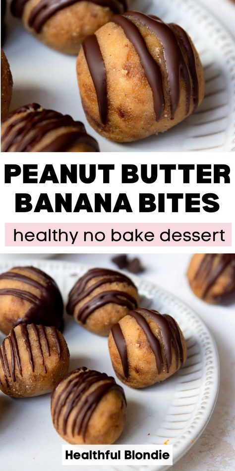 These no bake banana bites with peanut butter taste just like banana bread and only take 10 minutes to prepare. They’re the perfect quick and easy no bake dessert, sweet snack, or portable healthy breakfast. No oats in this recipe! We love to meal prep them for the week, and they are freezer-friendly; no oven required. No Bake Banana Bites, Peanut Butter Banana Balls, Peanut Butter And Banana Recipes, Banana No Bake Recipes, Banana Peanut Butter Recipes, Peanut Butter Snack Ideas, Oats Banana Peanut Butter, Banana Recipes No Bake, Peanut Butter Bites Healthy