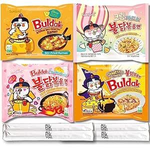 Buldak Ramen Noodles 4 Flavor Variety Combo - Total 4 pack (1 Pack ea) - Cheese, Carbonara, Quattro Cheese, Cream Carbonara - Spicy Ramen Noodles Samyang Buldak Ramen Korean Spicy Hot Chicken Stir-Fried Noodles Bundle with 4 ALL.FOR.YOU. Branded Chopsticks Noodles Samyang, Samyang Buldak, Buldak Ramen, Korean Stir Fry, Spicy Ramen Noodles, Hot Chicken Flavor Ramen, Ramen Stir Fry, Korean Rice Cake, Spicy Ramen