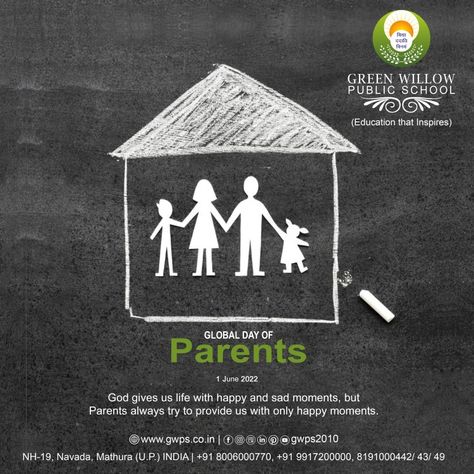 God gives us life with happy and sad moments, but parents always try to provide us with only happy moments. Global Day Of Parents. #globaldayofparents #admissionopen #gwps #bestschoolinmathura #school #bestschool #mathura #cbse #greenwillow Global Day Of Parents, Brad Meltzer, Board Result, Happy Parents, Parents Day, International School, Online School, Private School, Happy Moments