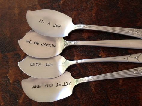 Spoon Stamping, Stamped Silverware, Flatware Crafts, Silver Stamping, Jam Gift, Recycled Silverware, Cutlery Art, Silverware Crafts, Silverware Art