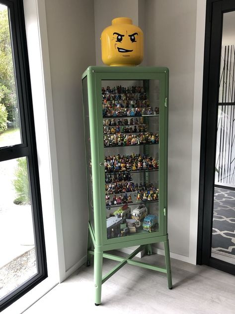 Lego Glass Display, Minifigure Display, Lego Minifigure Display, Ikea Cabinet, Lego Display, Lego Minifigure, Home Reno, Apartment Ideas, Glass Shelves