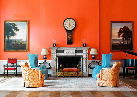 Greenbrier-orange-room Coral Wall Paint Living Room, Coral Paint, Greenbrier Resort, Herringbone Floors, Glamour Interiors, Dorothy Draper, Coral Walls, Room Wall Colors, Color Interior