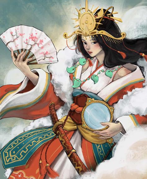 Izanagi And Izanami, Japanese Sun Goddess, Okami Amaterasu, Goddess Of The Sun, Japanese Sun, Japanese Goddess, Fanart Illustration, Sun Goddess, Japanese Mythology