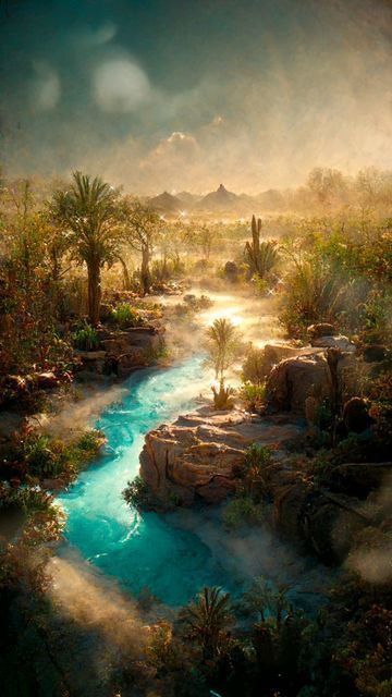 Fantasy Desert Oasis, Hidden Oasis, Magical Landscape, Desert Aesthetic, Relaxing Nature, Desert Art, Fire Nation, Desert Oasis, Earth Art