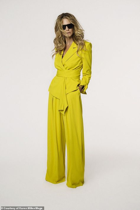 Elle Macpherson, 59, looks sensational modelling a string of outfits in a Karen Millen campaign | Daily Mail Online Formal Attire For Women, Elle Macpherson, Yellow Silk, Wrap Belt, Formal Attire, Karen Millen, Aza Fashion, Wide Leg Trousers, Wide Leg Pants