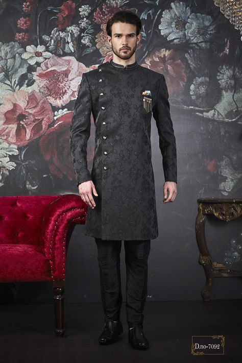 Product Highlights

Velvet Sherwani in Black
This Readymade Attire is Highlighted with Buttons, Zari, Bullion and Stone Work. Crafted in Chinese Collar and Full Sleeves
Available with an Art Dupion Silk Churidar in Black and Dupatta
Do note: Footwear, Turban and Necklace shown in the image is for presentation purposes only. Half to one inch may vary in measurement. (Slight variation in actual color vs. image is possible)