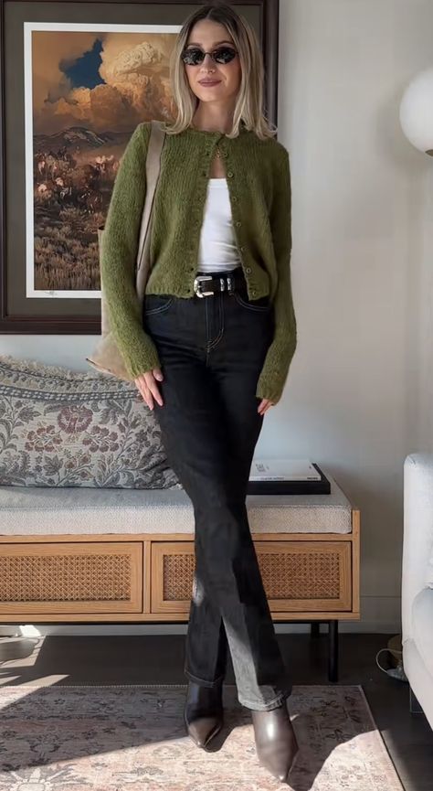 Green Top Winter Outfit, Green Button Up Sweater Outfit, Button Up Cardigan Outfit Work, Lani Ozark, Green Pants Winter Outfit, Forest Green Sweater Outfit, Green Cardigan Outfit Winter, Olive Green Outfit Aesthetic, Green Cardigan Outfit Aesthetic