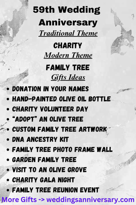 Celebrate 59th years of love with a gift that stands out! This guide offers creative gift ideas that range from handcrafted jewelry and DIY photo albums to experience-based presents like a cooking class or a scenic balloon ride. Whatever your style, find something here that speaks directly to the heart. #AnniversaryGiftsIdeas #FirstYearAnniversaryGiftsForHim #WeddingAnniversaryTraditions Wedding Anniversary Traditions, Family Tree Artwork, 59th Anniversary, Family Tree Photo Frame, 42nd Anniversary, 29th Anniversary, Love Patience, Family Tree Photo, Family Tree Gift