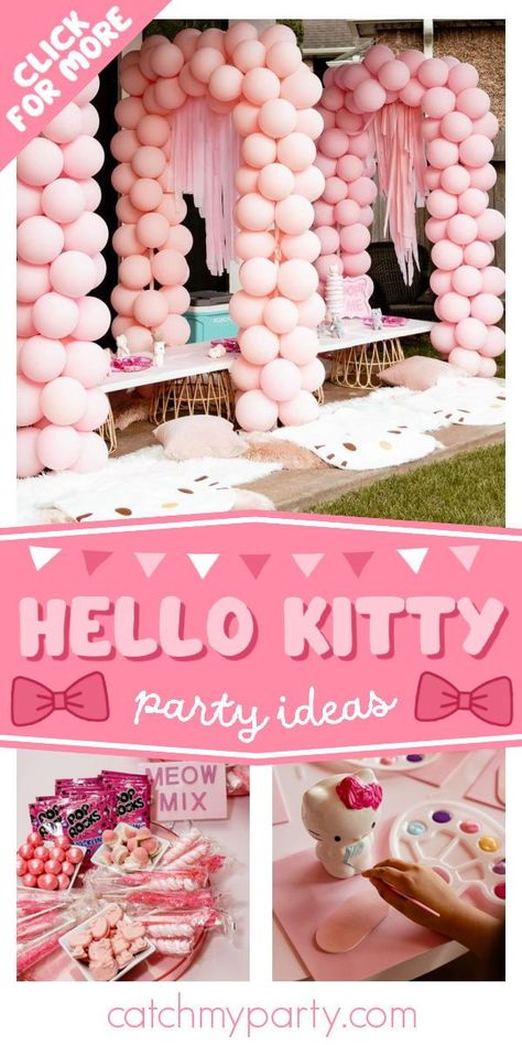 Take a look at this sweet Hello Kitty birthday party! The party activity is so much fun! See more party ideas and share yours at CatchMyParty.com Hello Kitty Pool Party, Hello Kitty Tea Party, Pretty Hello Kitty, Party City Decorations, Slumber Party Decorations, Birthday Hello Kitty, Hello Kitty Birthday Theme, Kitty Birthday Party, Birthday Sweets