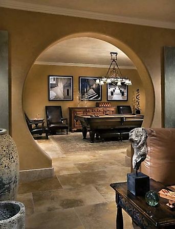 Gallery - Designer Showhouse - Picture: billiard-room Mediterranean Family Room, Round Doorway, Farmhouse Rental, Basement Bars, Billiard Rooms, Basement Reno, Secret Door, Hobbit House, Man Caves