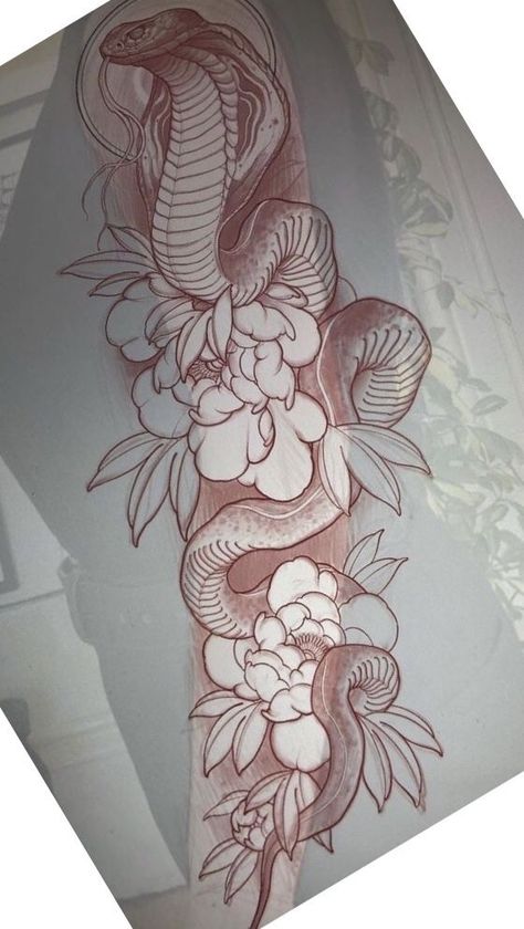 Snake And Flowers, Japanese Snake Tattoo, Neo Tattoo, 16 Tattoo, Snake Drawing, Snake Tattoo Design, Theme Tattoo, Sketch Tattoo Design, Tattoo Project