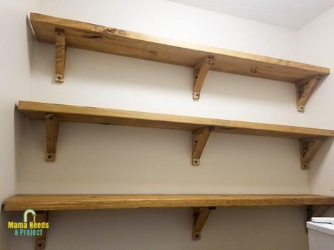 Wood Shelf Brackets Diy, Wood Brackets For Shelves, Shelf Bracket Ideas, Open Pantry Ideas, Lounge Shelving, Diy Wooden Shelf, Wood Shelf Ideas, Wooden Shelfs, Basement Shelving