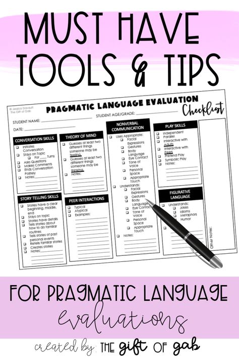 Must Have Pragmatic Language Evaluation Tools and Tips - The Gift of Gab Pragmatics Speech Therapy, Social Skills Teens, Speech Therapy Tools, School Speech Therapy, Speech Language Activities, Language Disorders, Conversation Skills, Social Thinking, Nonverbal Communication