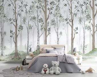 Woodland baby nursery wall paper | Etsy Kindergarten Wallpaper, Woodland Wallpaper, Forest Mural, Forest Wall Mural, Forest Nursery, Baby Basics, Interior Wallpaper, Mural Ideas, Nursery Baby Room