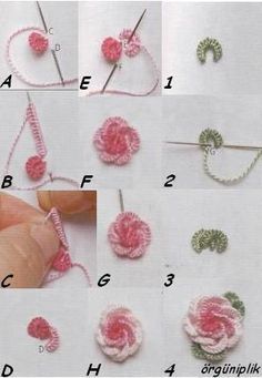 Cast on needle rose tute* Embroidery Stitches Tutorial, Pola Sulam, Brazilian Embroidery, Silk Ribbon Embroidery, Sewing Embroidery Designs, Crewel Embroidery, Flower Embroidery Designs, Hand Embroidery Stitches, Embroidery For Beginners