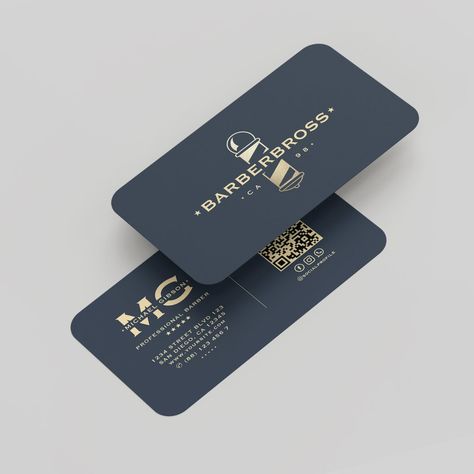 Modern Barbershop Barber Pole Dark Blue Gold Business Card Barbershop Business Cards, Modern Barbershop, Barber Shop Business Cards, Barbershop Haircut, Barber Logo, Barber Pole, Graphic Design Business Card, Gold Business Card, Hairstylist Business Cards