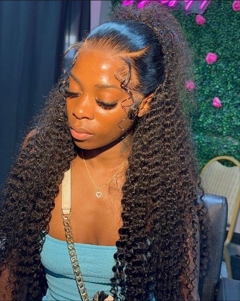 follow for more! Deep Curl Half Up Half Down, Curl Wigs For Black Women, Black Bridesmaids Hairstyles, Teenage Hairstyles, Braided Hairstyles For Black Women Cornrows, Lace Fronts, Frontal Wig Hairstyles, Fringe Bangs, Braided Ponytail Hairstyles