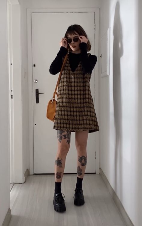 Pop Punk Show Outfit, Black Artsy Outfit, Layered Slip Dress Outfit Grunge, Feminine Skater Style, Alt Brunch Outfit, Alternative Modest Outfits, Girly Rocker Outfits, Oversized Feminine Outfit, Grunge Thanksgiving Outfit