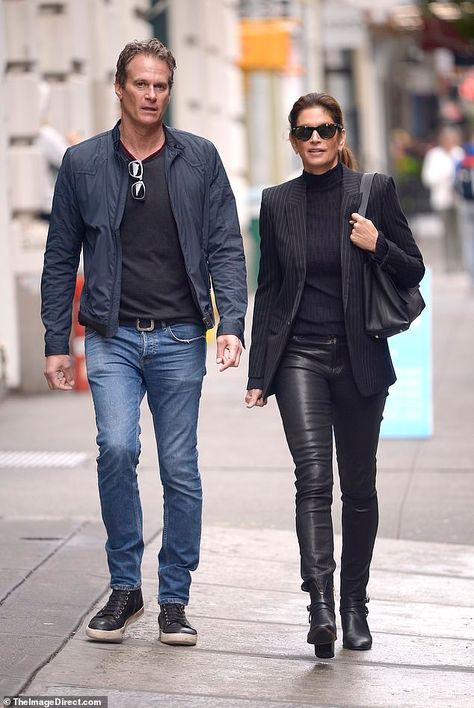 Cindy Crawford means business in blazer with leather jacket as she holds onto husband Rande Gerber | Daily Mail Online Cindy Crawford Outfits, Cindy Crawford Street Style, Cindy Crawford Style, Rande Gerber, Cabi Outfits, Couples Style, Actrices Hollywood, Dress Shopping, The Big Apple