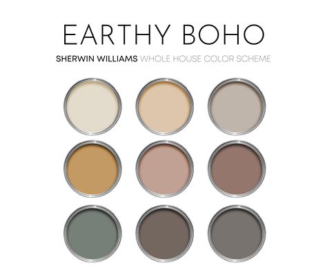 Earthy Boho Sherwin Williams Paint Palette - Interior Paint Colors for Home - Interior Design Paint Scheme, Boho Color Scheme, Neutral Boho Paint Colors, Whole House Color Scheme, Boho Color Scheme, Neutral Interior Paint Colors, Sherwin Williams Paint, House Color Palettes, Boho Color, Paint Color Schemes, Paint Colors Benjamin Moore